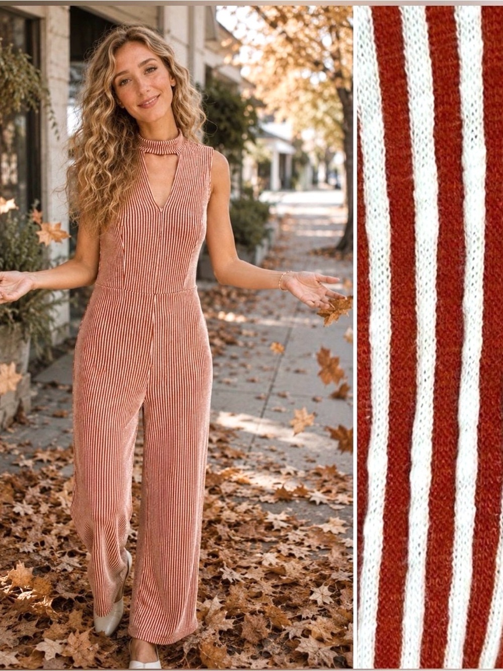 Modcloth For the Bliss of It Jumpsuit Rust Red Cream Jumpsuit Sleeveless M NWT